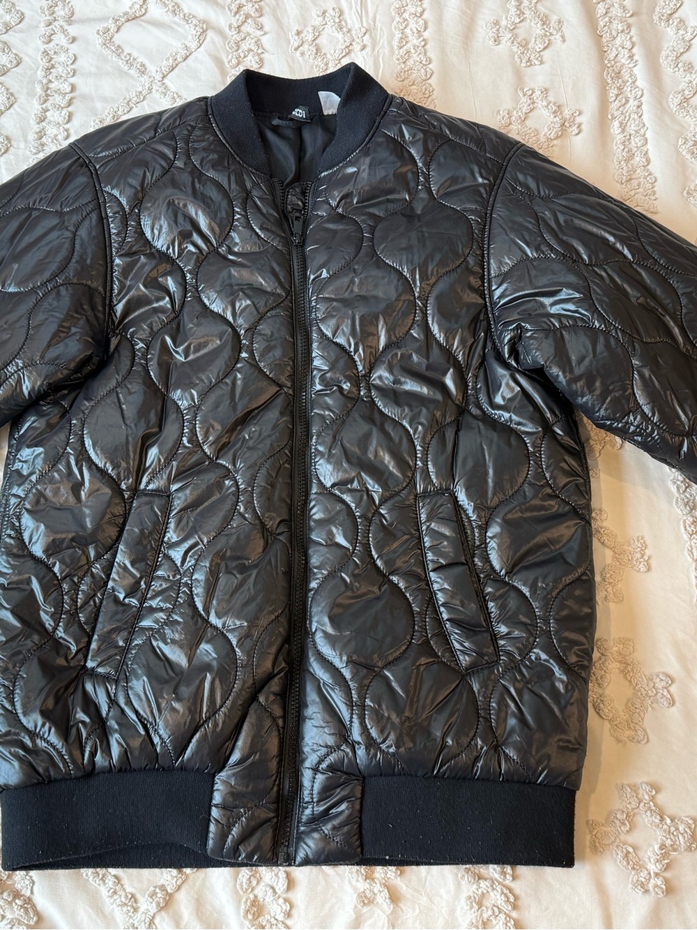 H&M Black Quilted Heart-Pattern Bomber Jacket